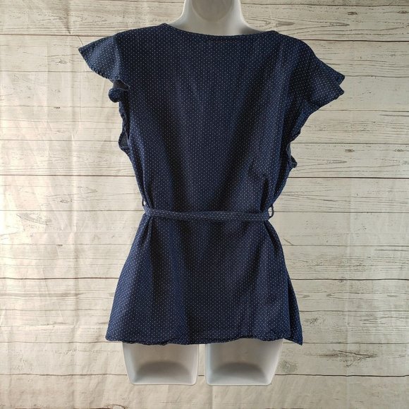 Modcloth Womens Top Sz Large Blue‎ Polka Dot Cap Sleeve V-Neck Belted - Picture 3 of 4